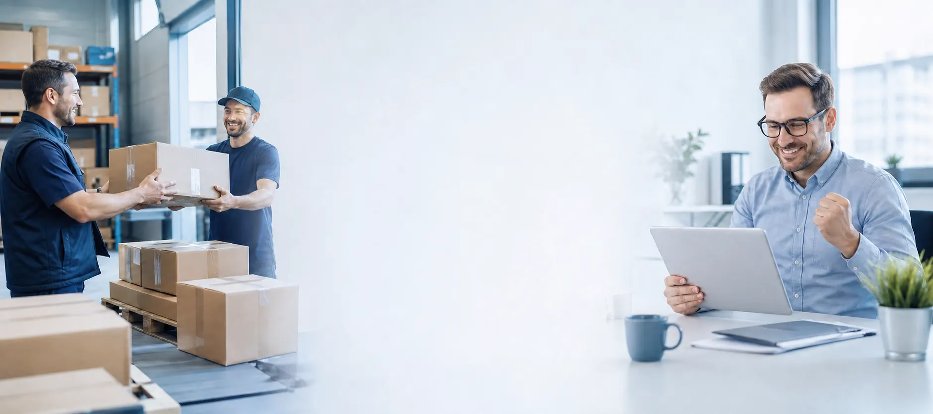 Operatori che movimentano pacchi e professionista al computer in ufficio.