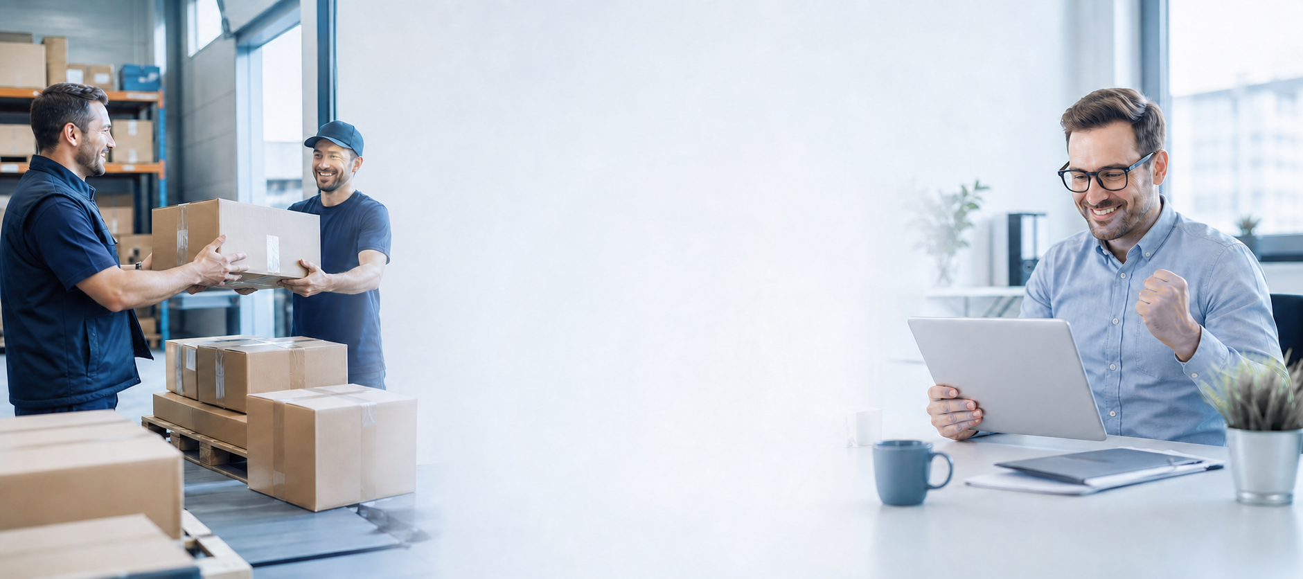 Operatori che movimentano pacchi e professionista al computer in ufficio.